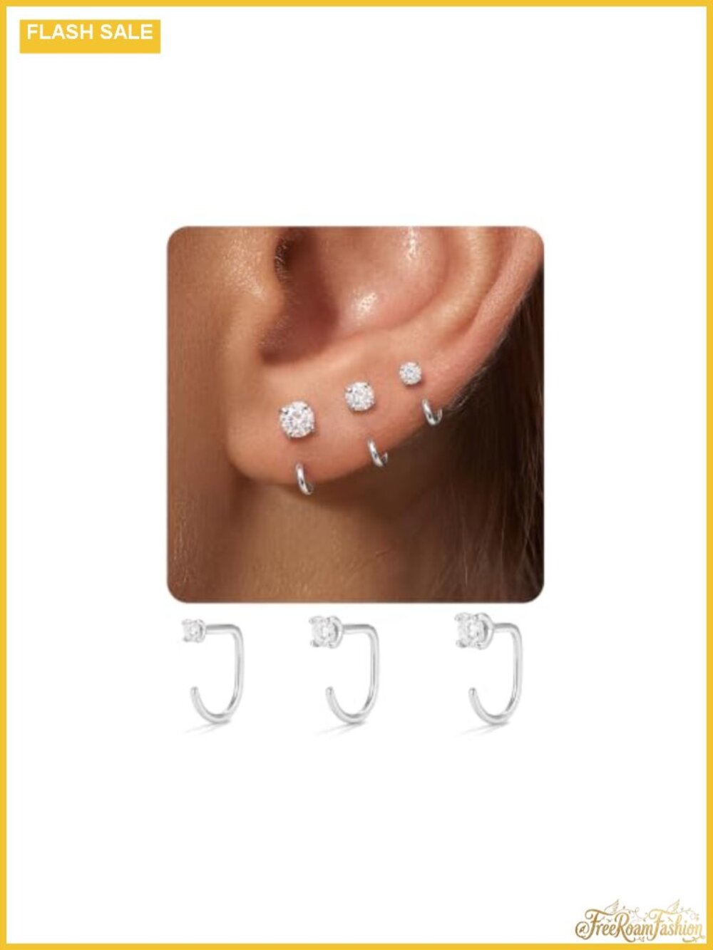 925 Sterling Silver Backless Half Hoop Earrings Set of 3 Pairs Hypoallergenic CZ